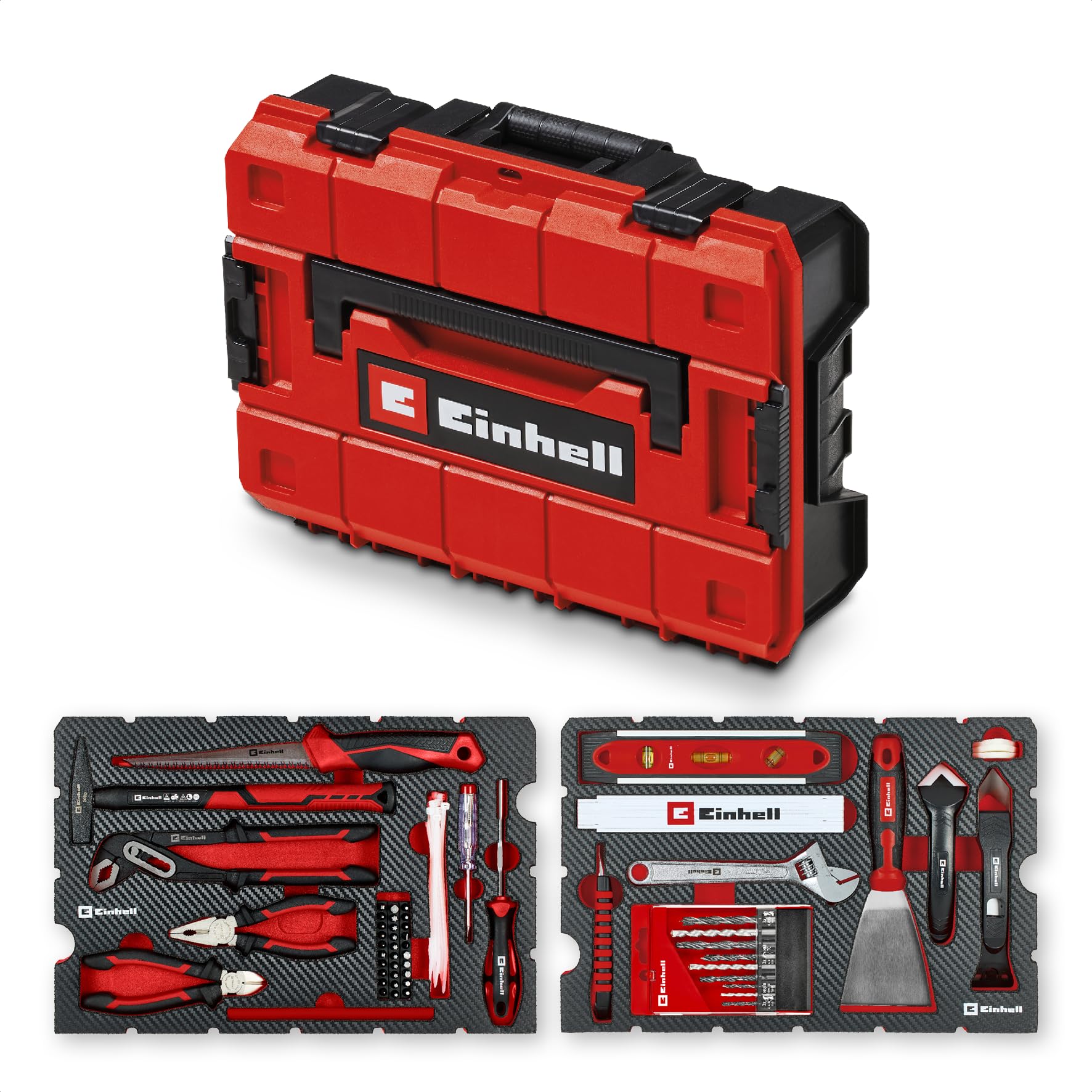 Original Einhell E-Case valigetta attrezzi 78 pezzi ristrutturazione (ristrutturazioni, punte trapano, inserti, utensile fughe, pinze, spatola, sega legno, chiave rullino, livella, valigetta sistema)