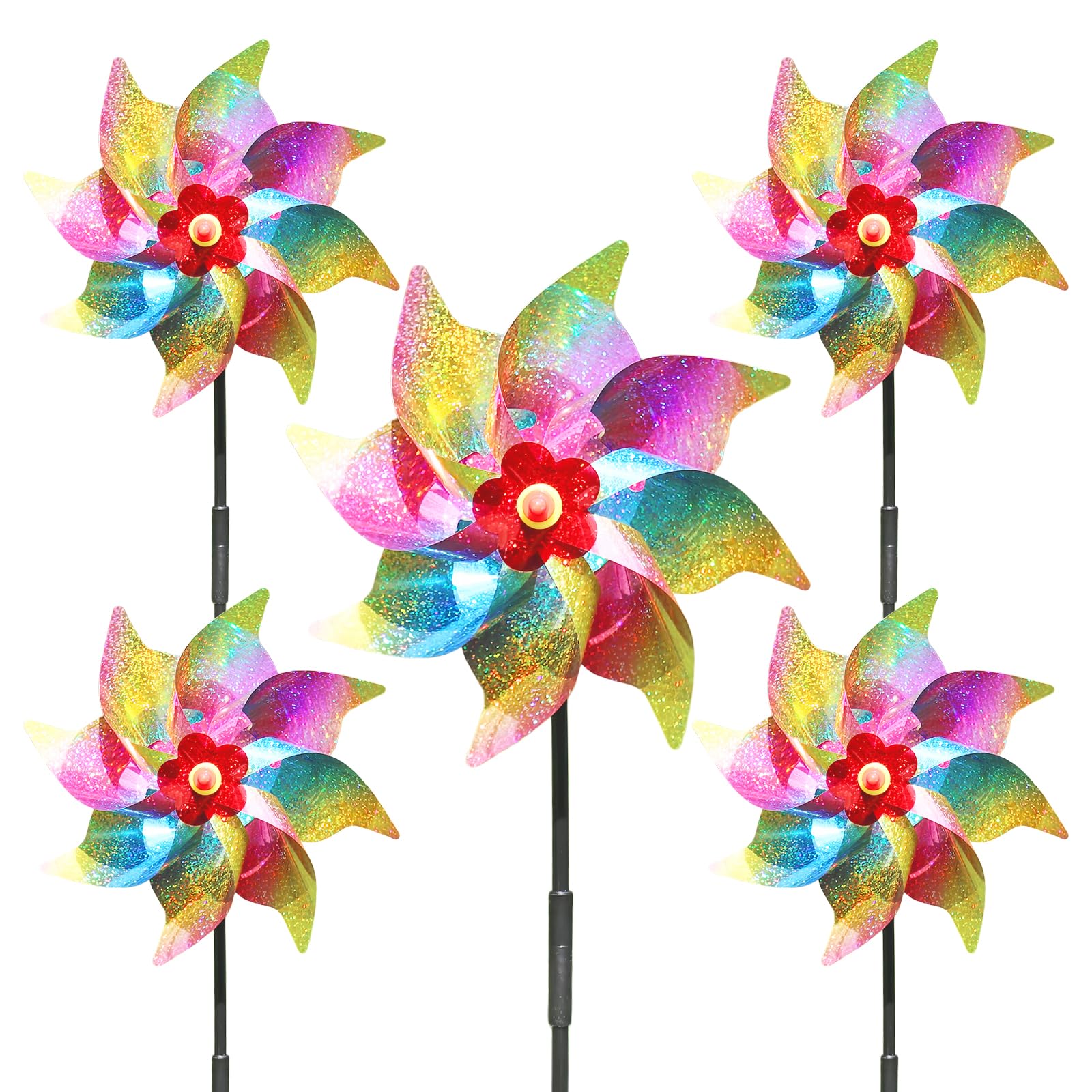 Cazoro Multicolored 5Pcs Bird Scarers Windmills, Reflective Pinwheel Wind Spinners For Garden, Multi-Color Pigeon Deterrent Windmills, Outdoor Bird Repellent For Crops, Flowers, And Lawn Protection