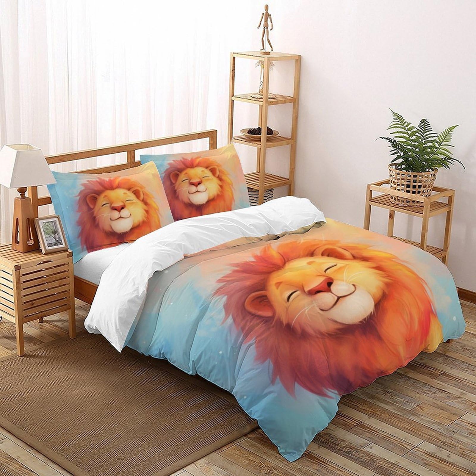 Housse de couette lion 220x240 cm avec 2 taies d'oreiller pour lit double enfant
