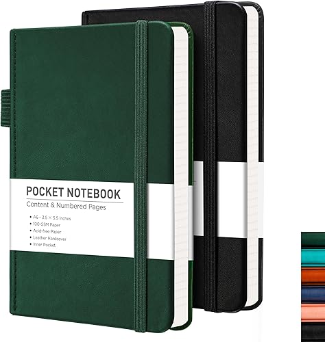 RETTACY Cuaderno de bolsillo, paquete de 2, mini cuaderno rayado A6 con 160 páginas numeradas por paquete, tamaño pequeño de 3.5 x 5.5 pulgadas,