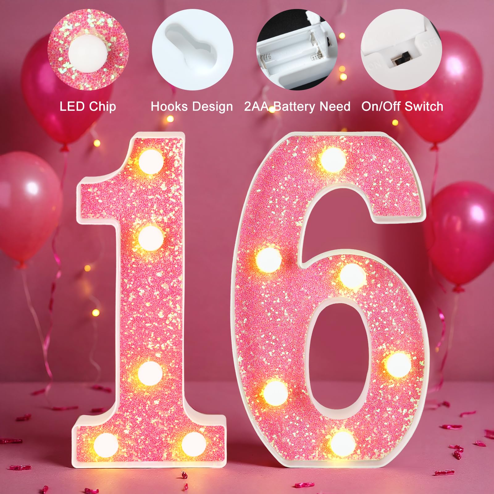 Numeri luminosi a LED per 16° compleanno, con luci rosa per ragazze, cartello luminoso per festa di compleanno, sfondo, anniversario, decorazione per la casa, rosa