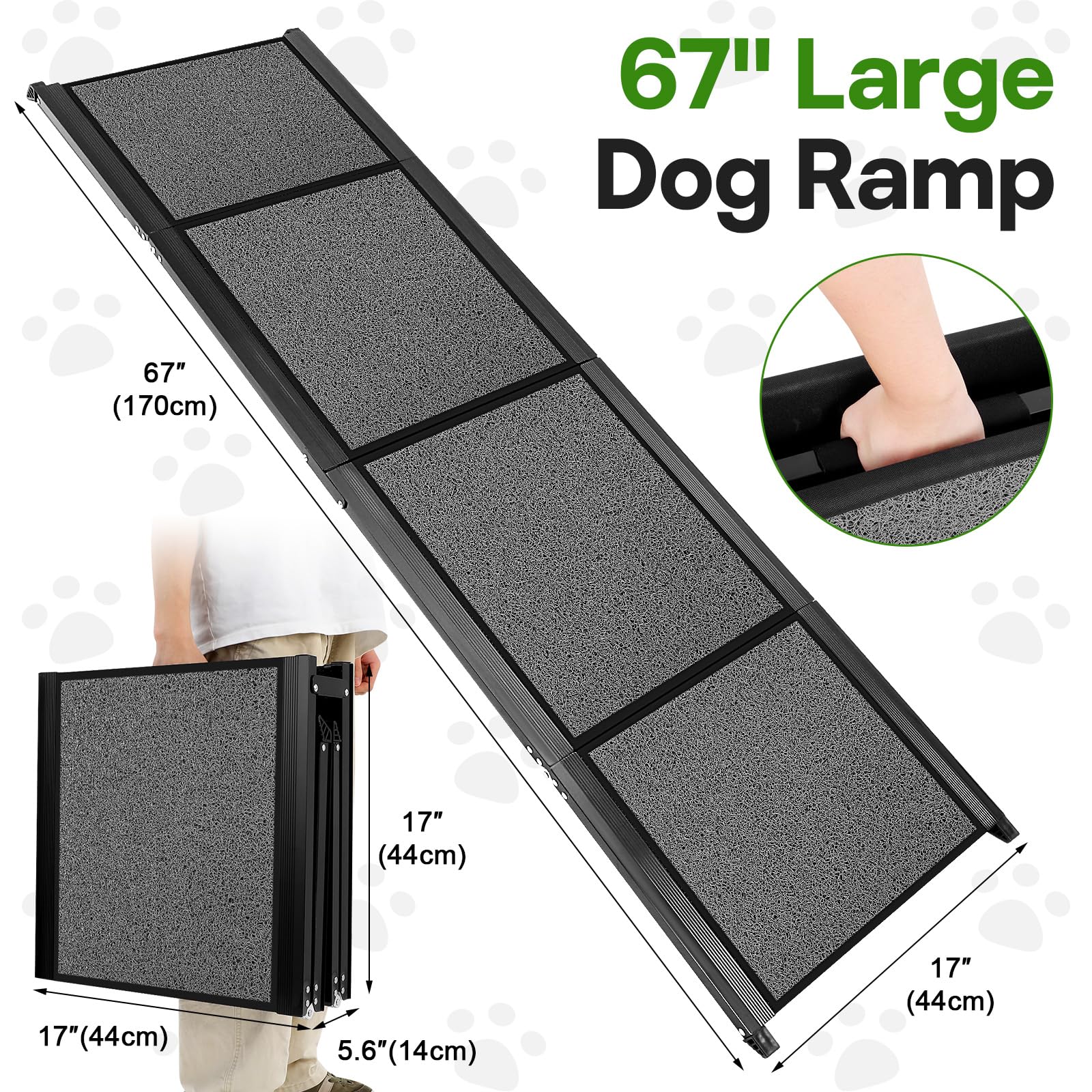 Healifty Hunderampe Auto Klappbar, Hunderampe, Zusammenklappbare Hundetreppe, Montage in 5s, Leichtem Aluminiumrahmen & Rutschfester Oberfläche, Rampe Hund für 110kg Große Hunde SUV & LKW (170x45CM)