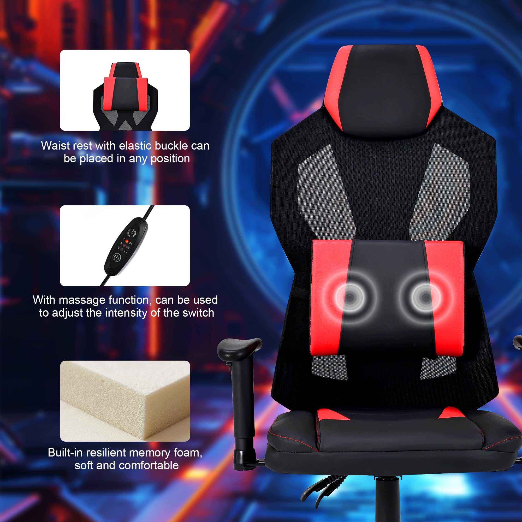 Silla de juegos con luces LED RGB, silla de videojuegos ergonómica para computadora con soporte lumbar de masaje (rojo) 5