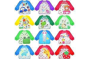 Funtery 12 Packs Kids 2-3 Art Smock Long Sleeve Waterproof Painting Apron with 12 Colors