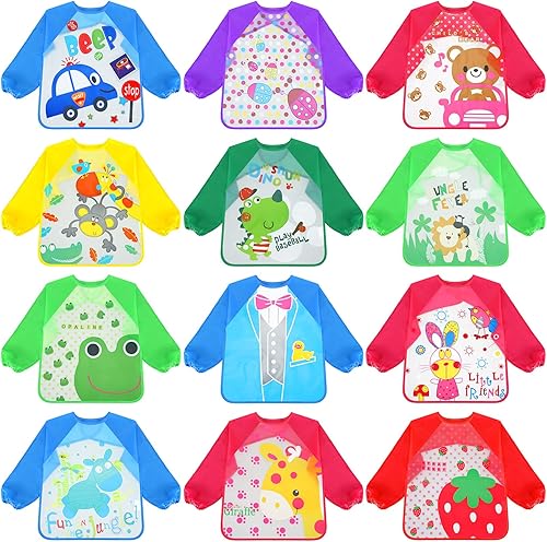 Funtery Paquete de 12 delantales de pintura para niños, manga larga, impermeables, para pintura, ropa, delantales de artista, suministros de arte