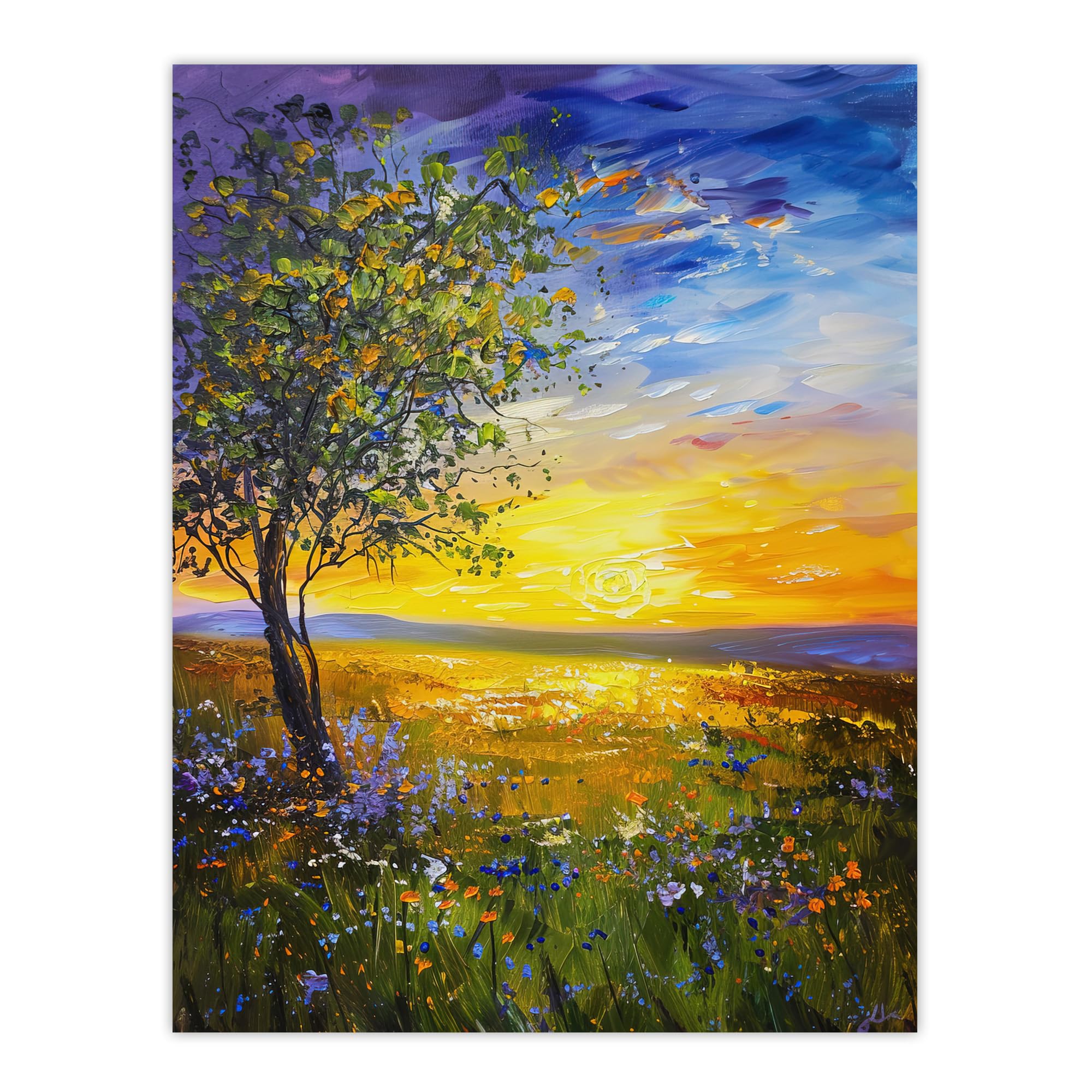 Artery8 Wall Art Print - Wildflower Meadow at Sunset Oil Painting - W12" x H16"