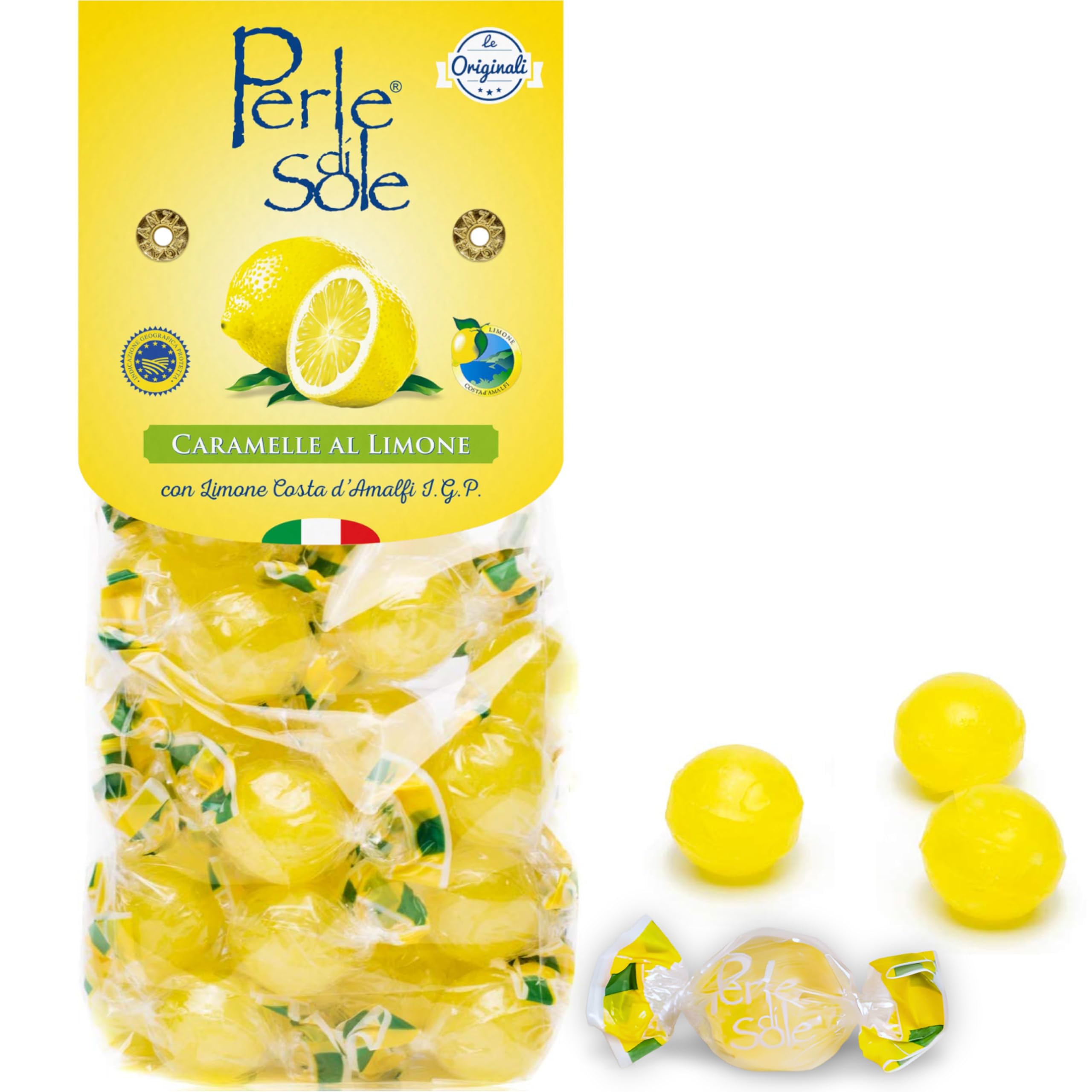 Perle di Sole Italian Lemon Drops Hard Candy Individually Wrapped (7.05 oz) Made with Essential Oils of Amalfi Coast P.G.I. Lemon - Italian Imported Gifts From Italy