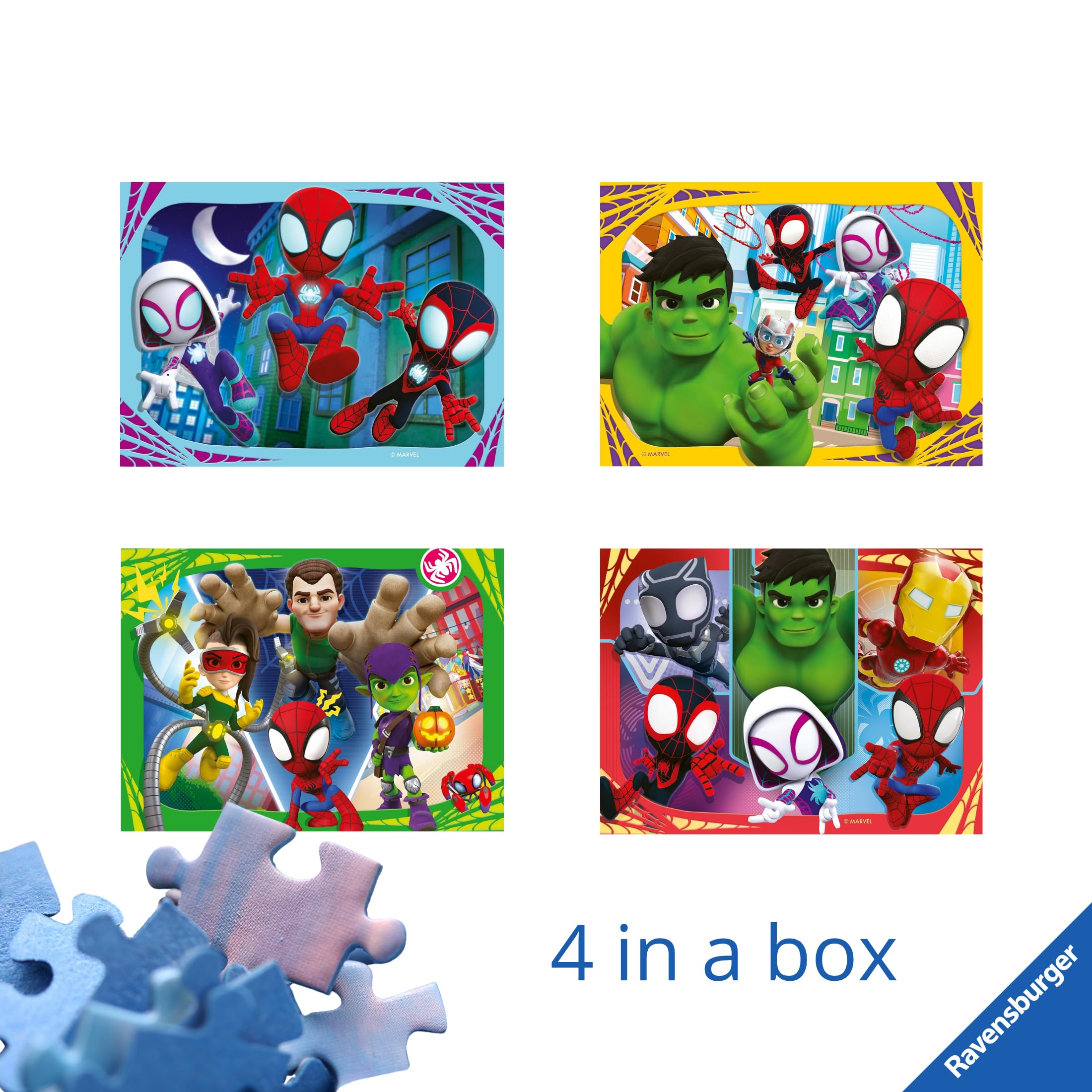 Ravensburger - Puzzle Bambini 3 Anni 4 in a box, Spidey - Puzzle 3 Anni, Collezione Marvel, Include 4 Puzzle 12-16-20-24 Pezzi Progressivi, Giochi Educativi, Idee Regalo