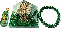 Vista 3 de Pirámide de cristal verde de malaquita con símbolo de flor de la vida, pulsera de piedra y collar con colgante combinado para limpieza de aura