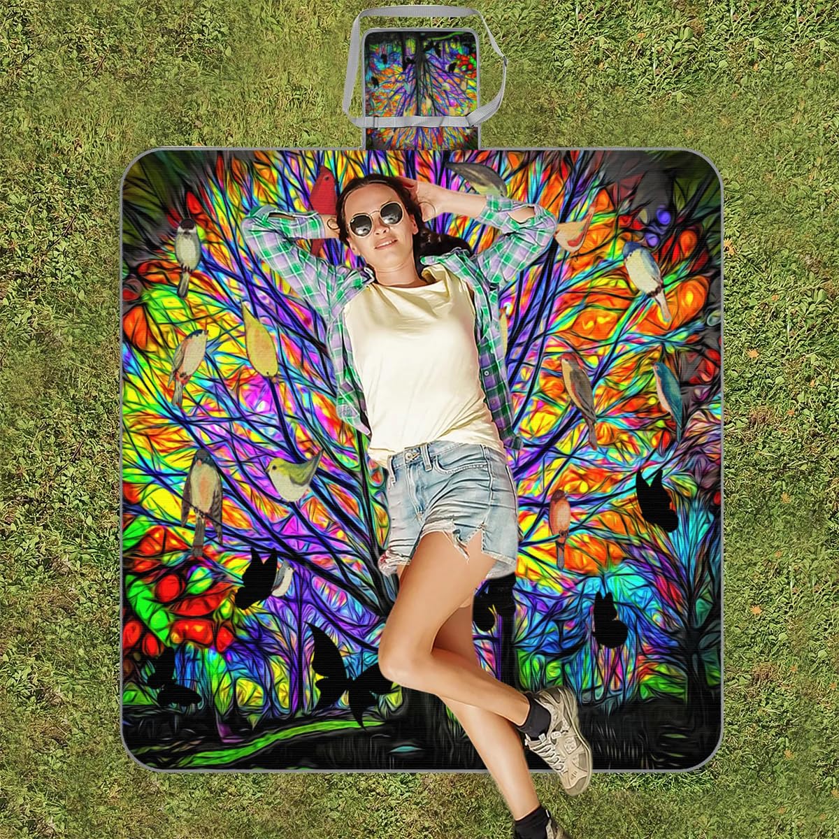 Manta cuadrada de picnic con diseño de árbol colorido, impermeable, plegable, para interiores y exteriores, para camping, playa, parque, reuniones familiares