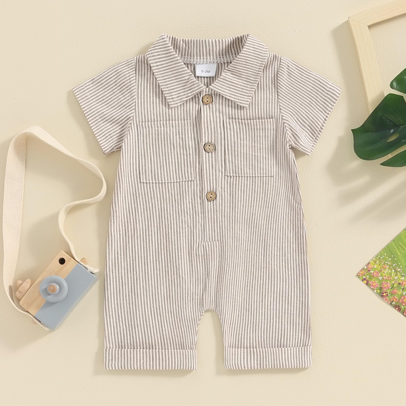 niceclould Baby Boy Vertical Striped Romper with Pockets One Piece Lapel Neck Short Sleeve Buttons Jumpsuit Spring Summer (C-Beige, 12-18 Months)