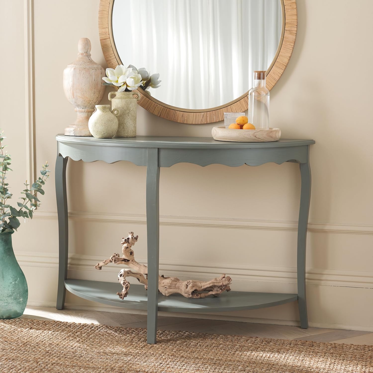 SAFAVIEH Home Collection – Christina Ash Grey Semicircle Console Table with Shelf, French Elegance Half Moon Design, Cabriole Leg Accent (AMH6610B)