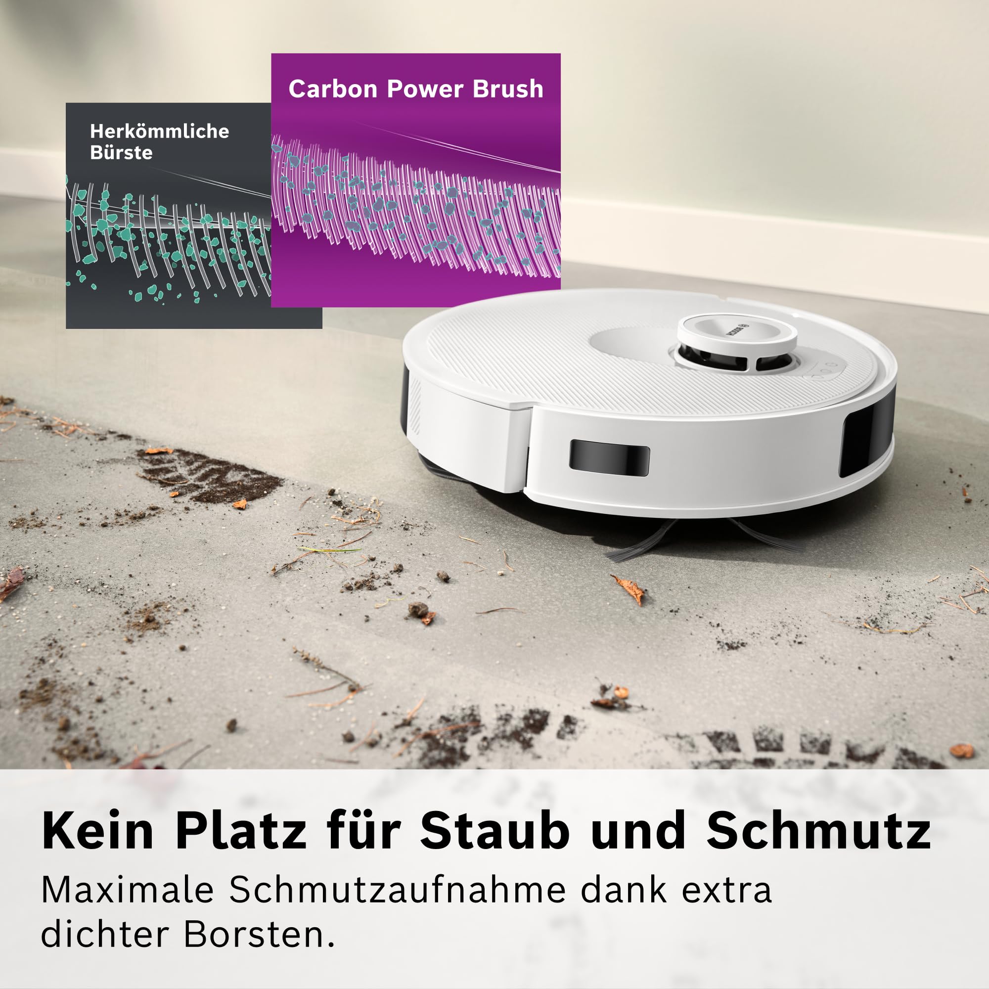 Bosch Spotless + BCRD1W Saugroboter mit Wischfunktion, 11.000 Pa Saugkraft, Wischpad, Trocken-Servicestation, Smart Vision Navigation mit Infrarot-Licht, Steuerung per App, weiß