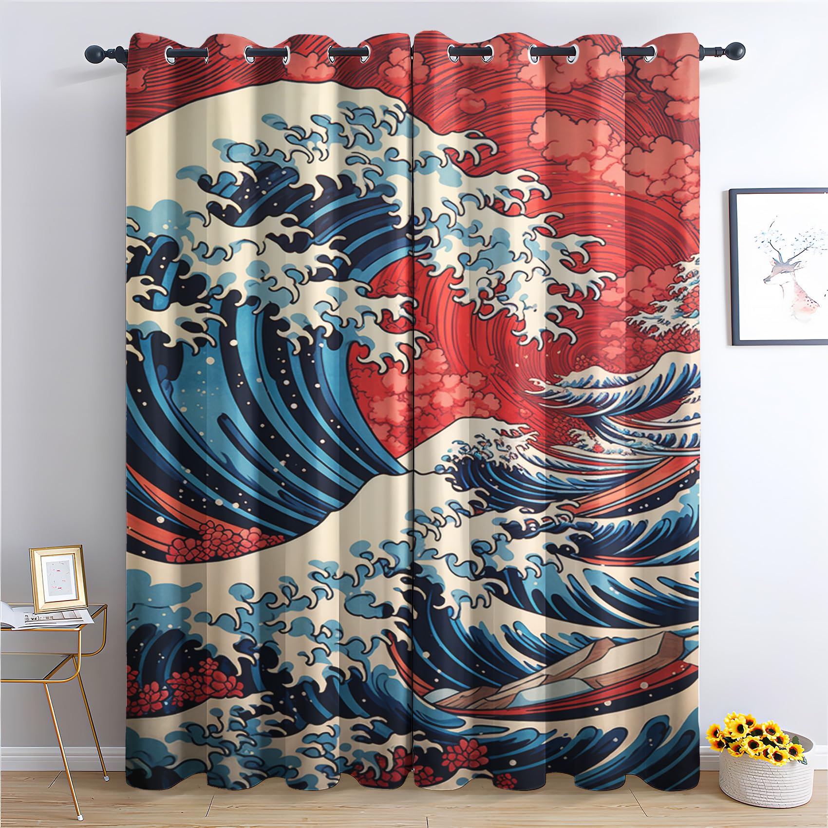 Venivici Japanese Blackout Curtains for Bedroom Living Room - 54 Inch Drop Curtains Eyelet, Ukiyo-E Ocean Wave Asian Patterned Window Treatments, Thermal Insulated Drapes 46x54 2 Panels