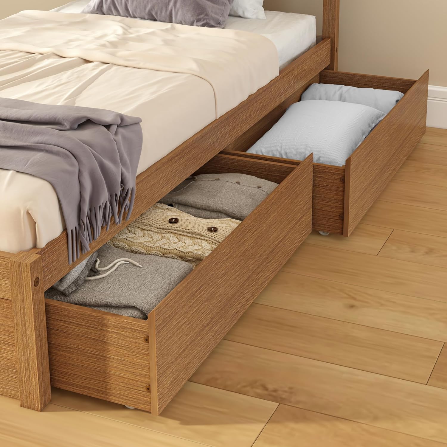 Grain & Grove Bear Underbed Bed Storage Drawers (2 Pack), Embossed Pecan