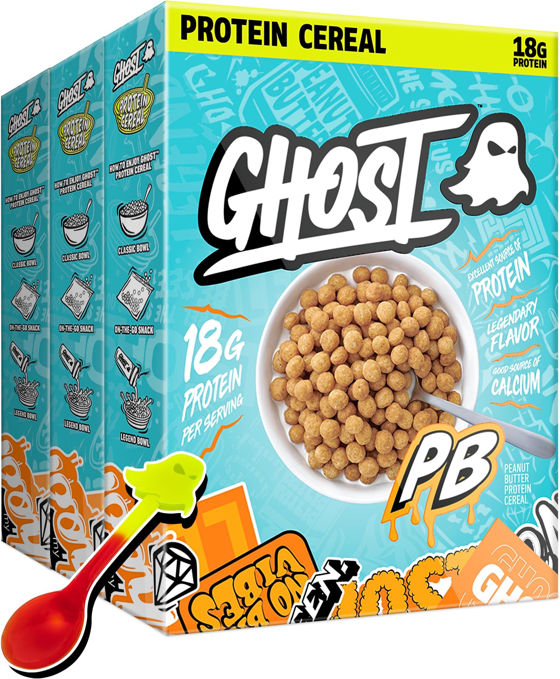 Protein Cereal, Peanut Butter Flavor (3-Pack) - Crunchy Peanut Butter Cereal Puffs - 18G Protein, Good Source of Calcium - Breakfast Cereal & Snack - 10.8oz Box with Spoon Included