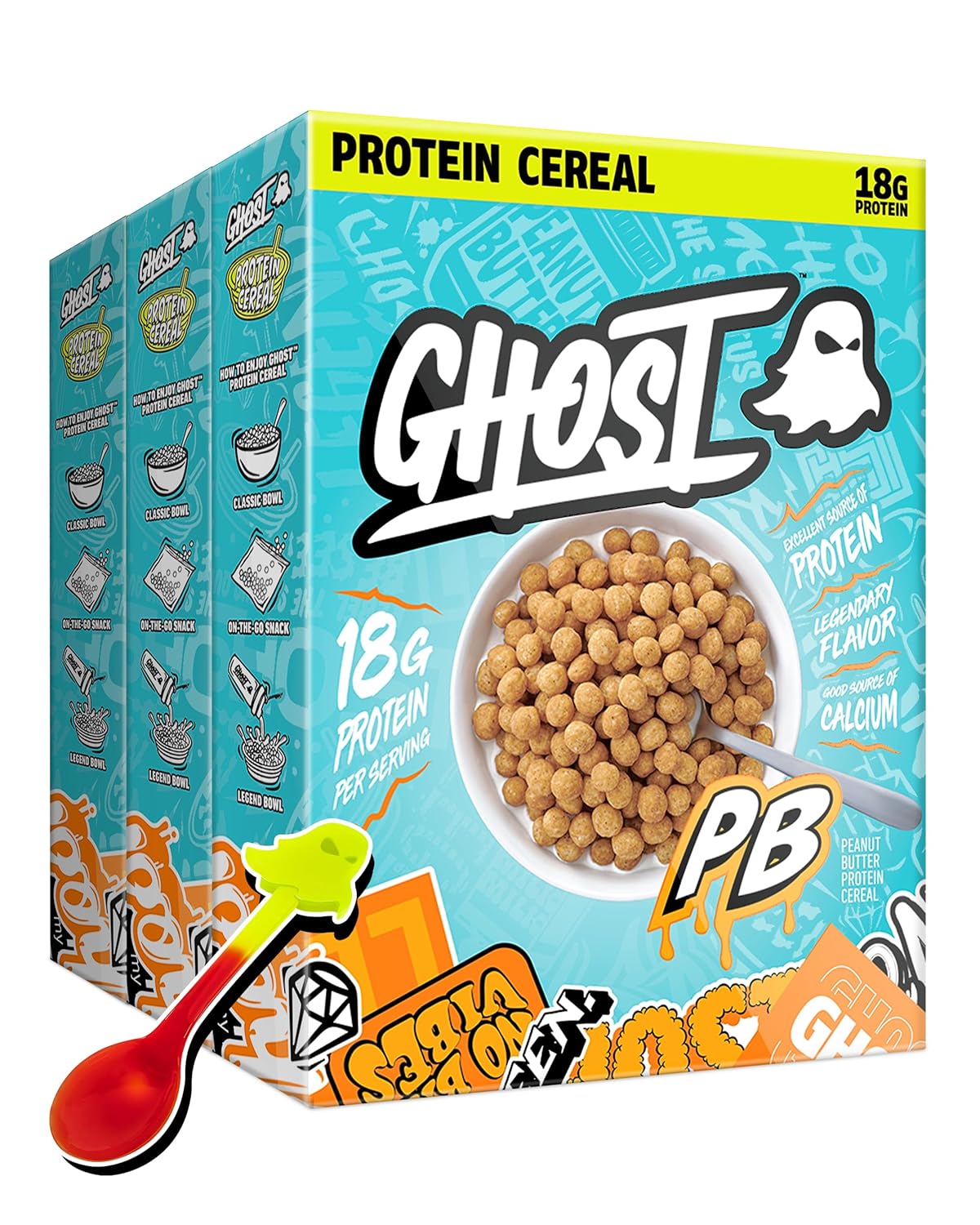 GHOST Protein Cereal, Peanut Butter Flavor (3-Pack) - Crunchy Peanut Butter Cereal Puffs - 18G Protein, Good Source of Calcium - Breakfast Cereal & Snack - 10.8oz Box with Spoon Included