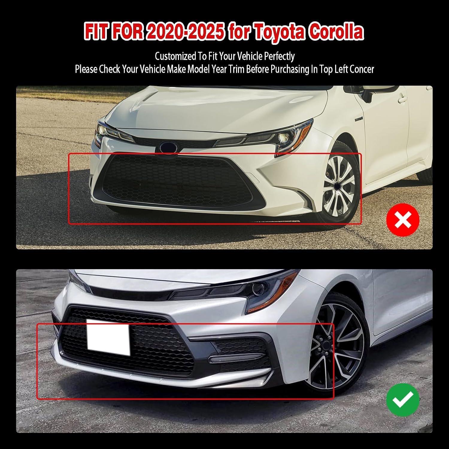 Front Bumper Lip for Toyota Corolla 2020-2025 Glossy Black 3PCS