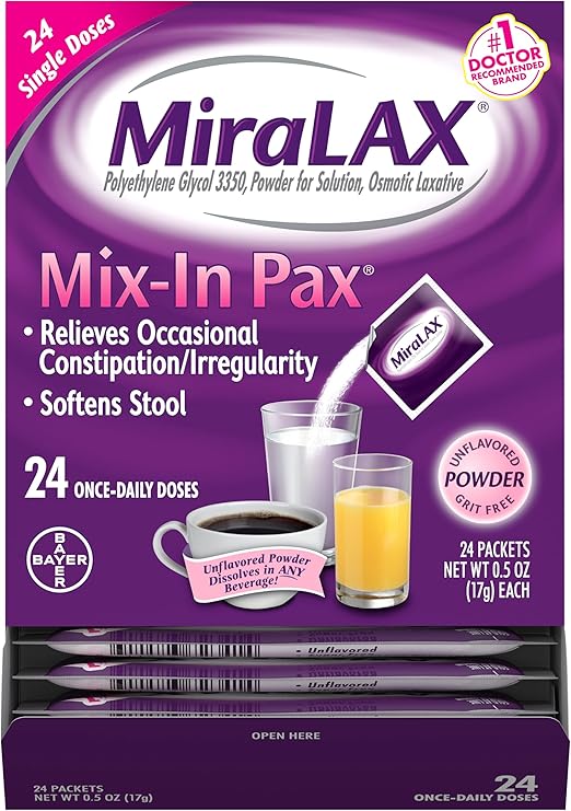 MiraLAX Gentle Constipation Relief Laxative Powder, Stool Softener with PEG 3350, No Harsh Side Effects, 1 Doctor & OBGYN Recommended, Single Dose Mix-in Pax, Travel Pack, 24 Dose