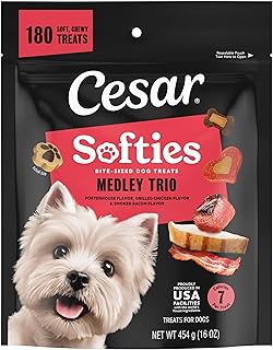 Softies Chewy Soft Dog Treats, Medley Trio Featuring Porterhouse Flavor, Grilled Chicken Flavor, and Smoked Bacon Flavor, 16 oz. Pouch, 180 Treats