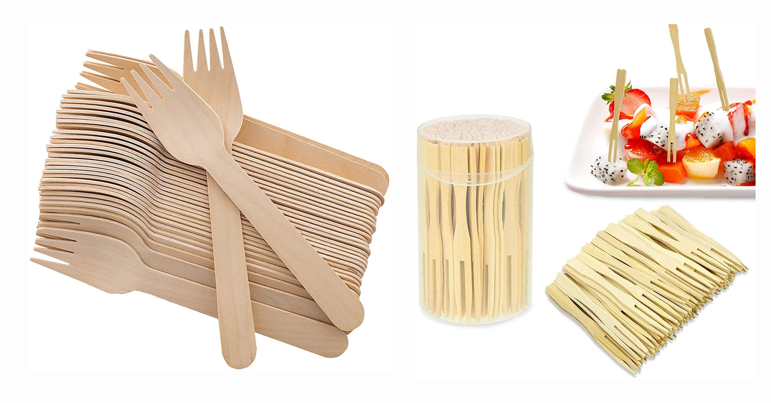 MOOLYAVAAN Products (2 in 1) Disposable Wooden Forks -Biodegradable, Wooden Utensils with Mini Food Picks Double Prong Fruit Forks Great for Parties, Weddings (40pcs Wooden Fork + 40pcs Fruit Fork)