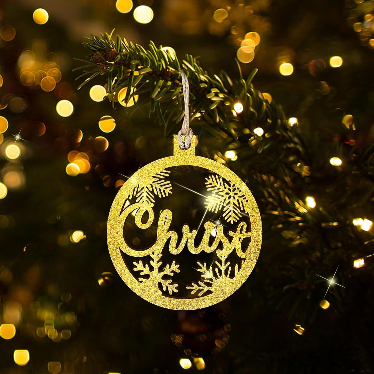 24 Pcs Shiny Wooden Hollow Christmas Ornaments Tree Decorations 6 Styles, Christian Laser Cut Hanging Ornaments Wooden Hollow Bible Verse Words Golden Glitter Tree Decor for Farmhouse, Xmas Gift - Image 3