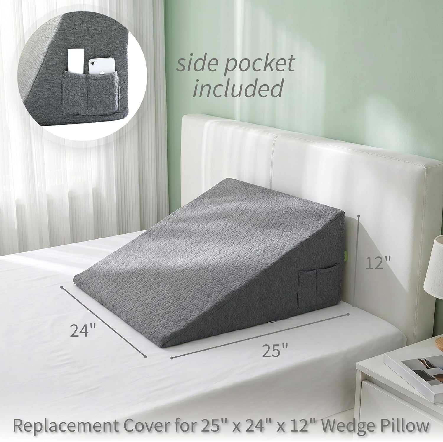 Wedge Pillow Cover for 25x24x12 Bed Wedge Pillow, Hypoallergenic Replacement Case Cover with Zipper & Pockets, Gray