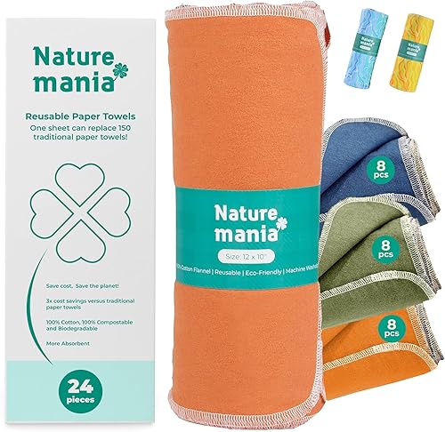 Naturemania - Paquete de 24 toallas de papel reutilizables, toallas de papel sin papel, hechas con 100% algodón, súper suaves, puro y absorbente,
