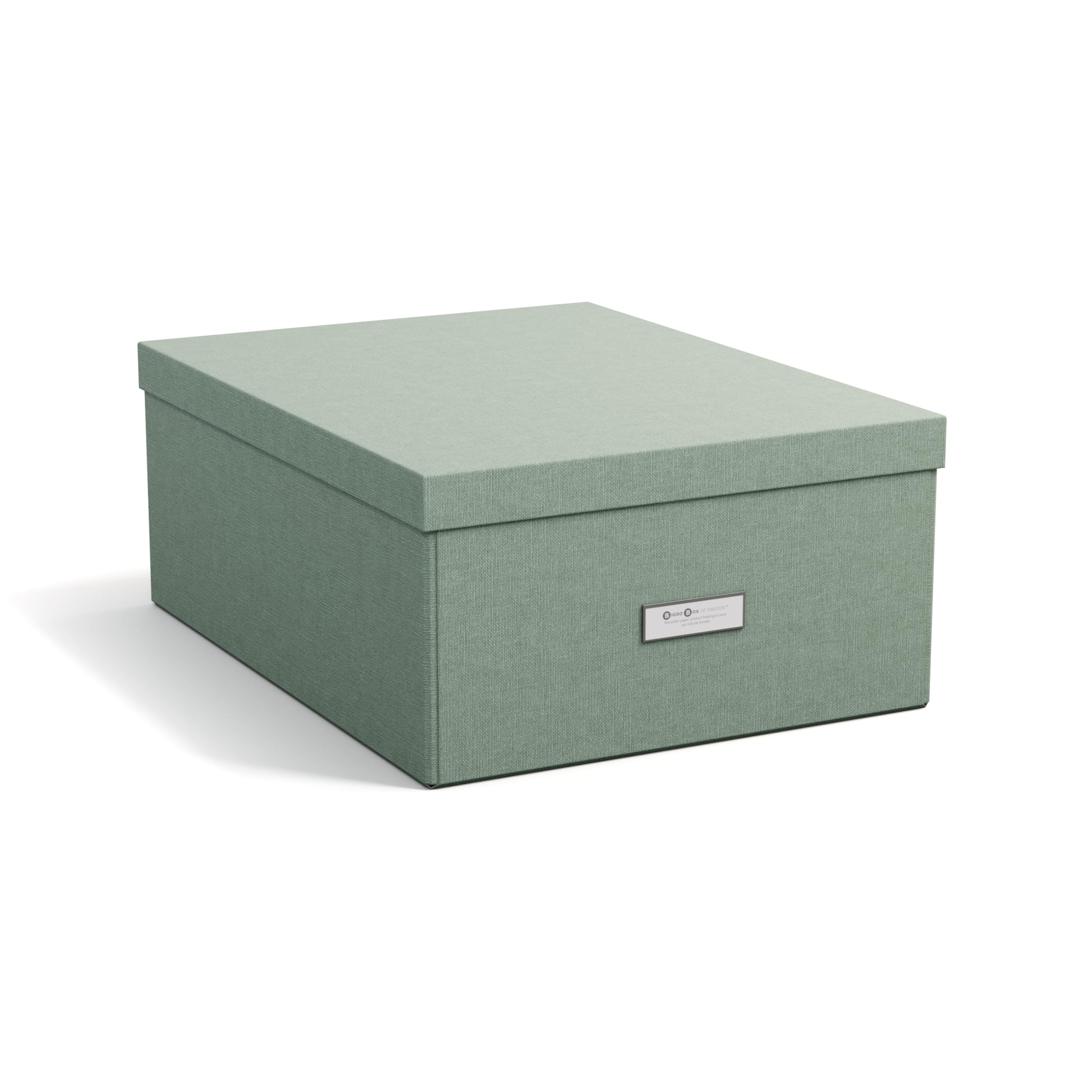 Bigso Box of Sweden KATRIN Large Storage Box with Lid - Sturdy Fibreboard and Paper Organiser in Linen Look - Practical Folding Box with Label Frame - Mint Green
