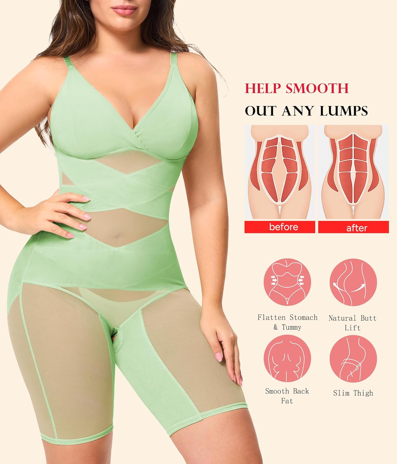 KUMAYES Shapewear Bodysuit for Women - Tummy Control Butt Lifter Fajas Body Shaper V-Neck Body Suits with Built in Bra - Image 2