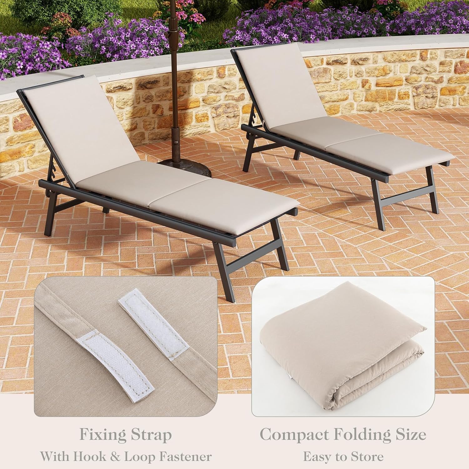HAPPYGRILL Outdoor Chaise Lounge Cushion, Patio Furniture Pad with Hook & Loop Fastener Fixing Straps, Folding Cushion for Reclining Lounger for Outside, 72 x 23 Inch (2, Beige)