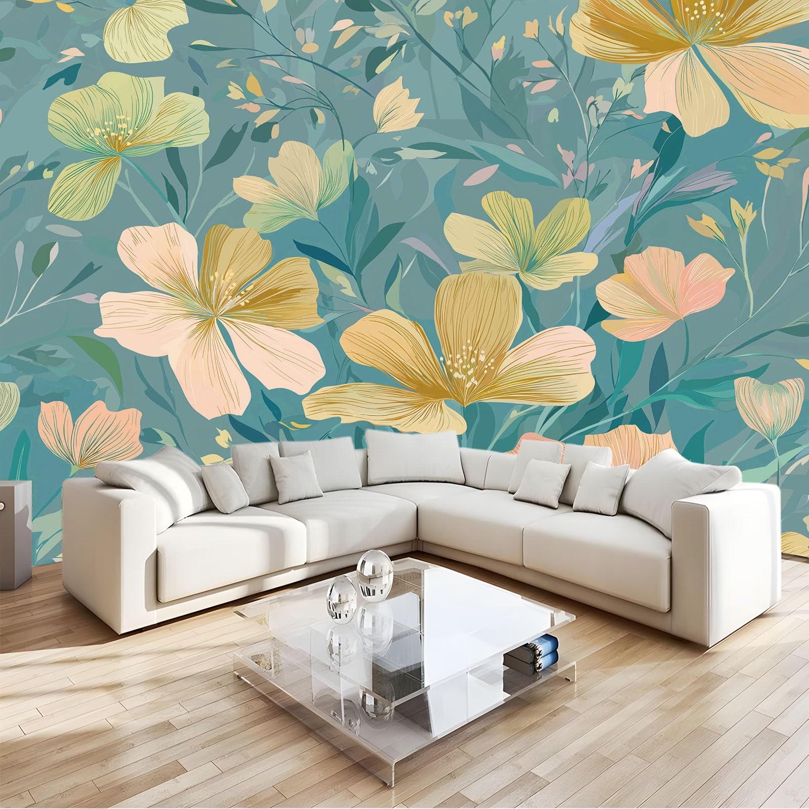 Papier Peint Panoramique Floral Vert Sauge pour Créer un Salon Cosy et une Chambre Nature 3D