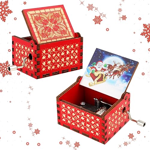 Amaxiu Caja de música de Navidad, cajas de música de manivela de madera, mini cajas musicales grabadas vintage con tema de Navidad, decoraciones de