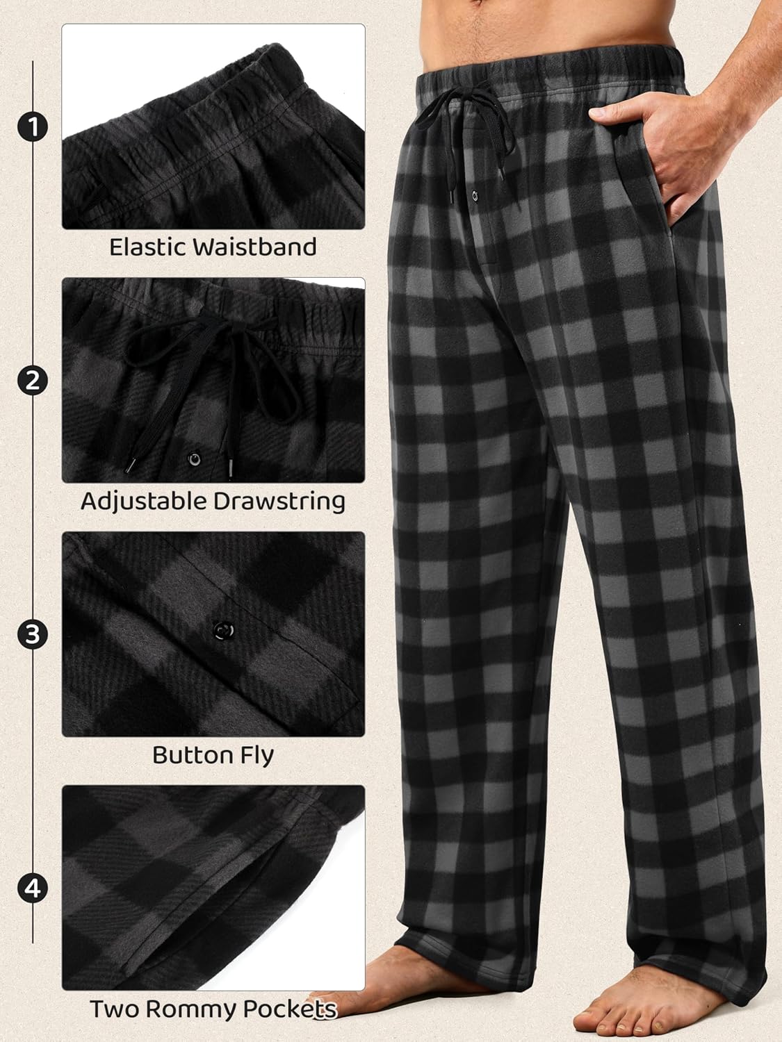 3 Pack Mens Pajama Pants Microfleece Plaid Pajama Bottoms Sleepwear PJ Sleep & Lounge Pants with Pockets & Drawstring - Image 3