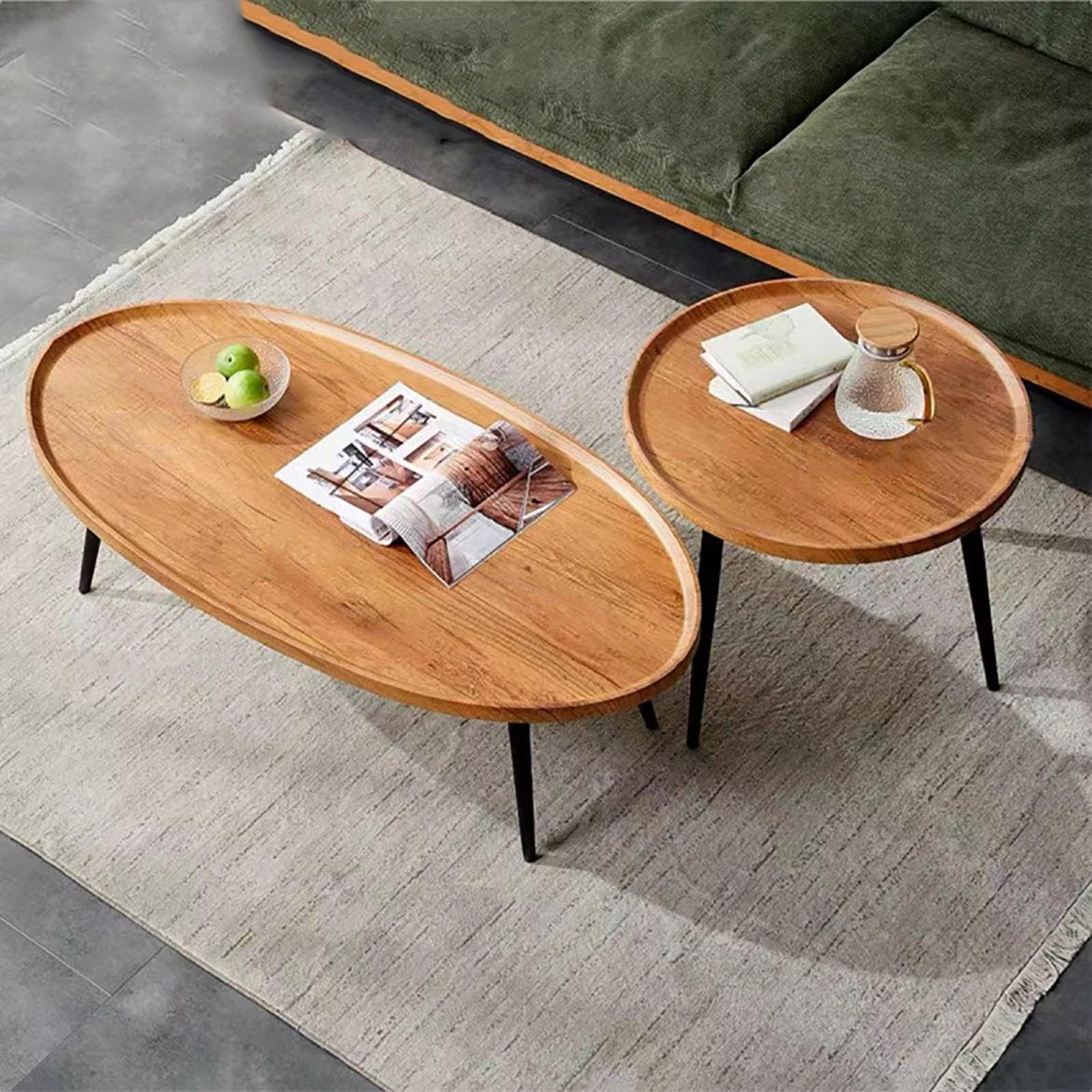 SXZenSpace Oval Wood Coffee Table Set of 2,31.5" Mid Century Modern Nesting Center for Living Room with Open Design Legs,D,80cm(31.5")+50cm(19.7")