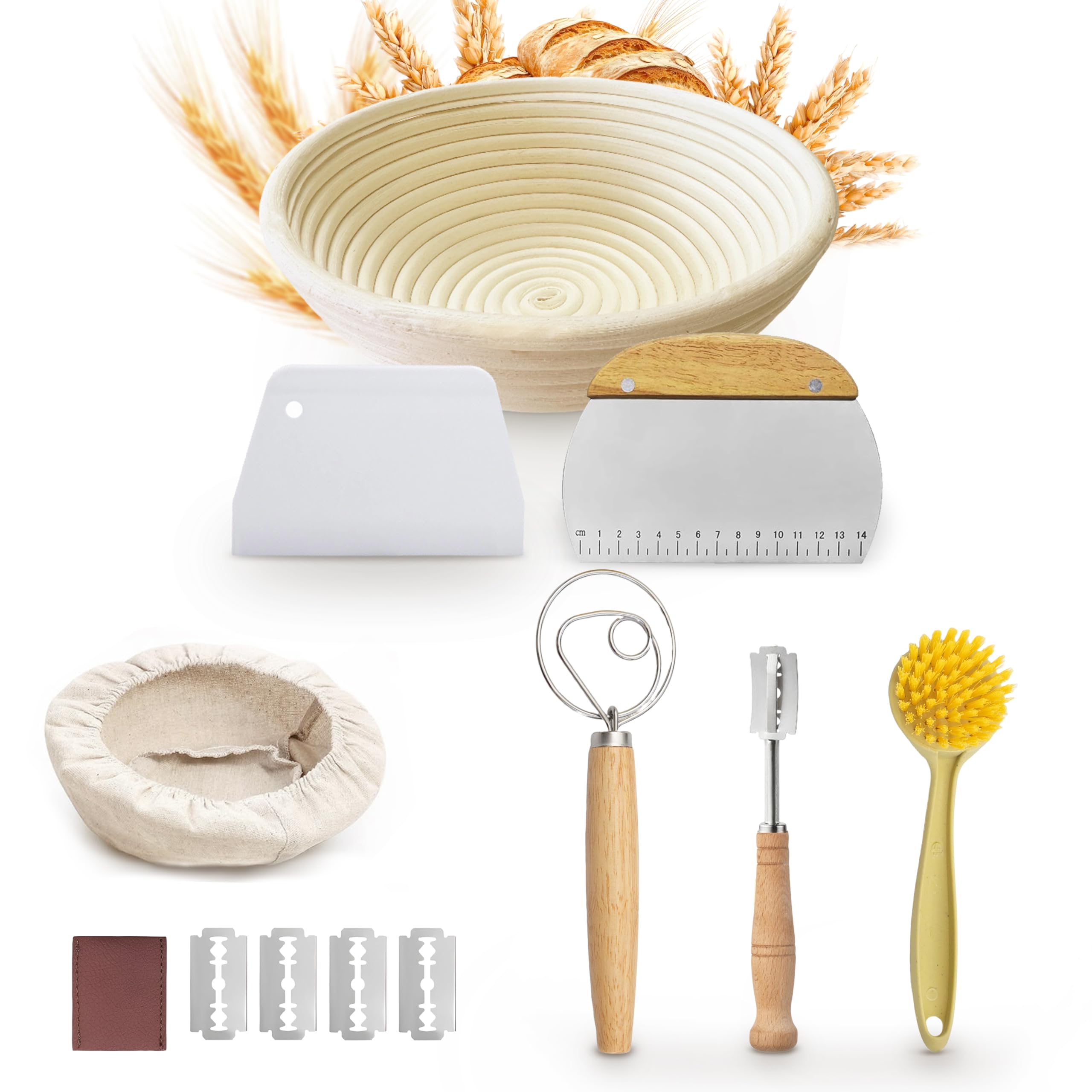 Homiely Natural Bread Proofing Basket, Rattan Sourdough Kit, 13 Piece - 9" Round Banneton Basket With Bread Lame, Danish Whisk, Linen Cover And More For Professional Home Bakers