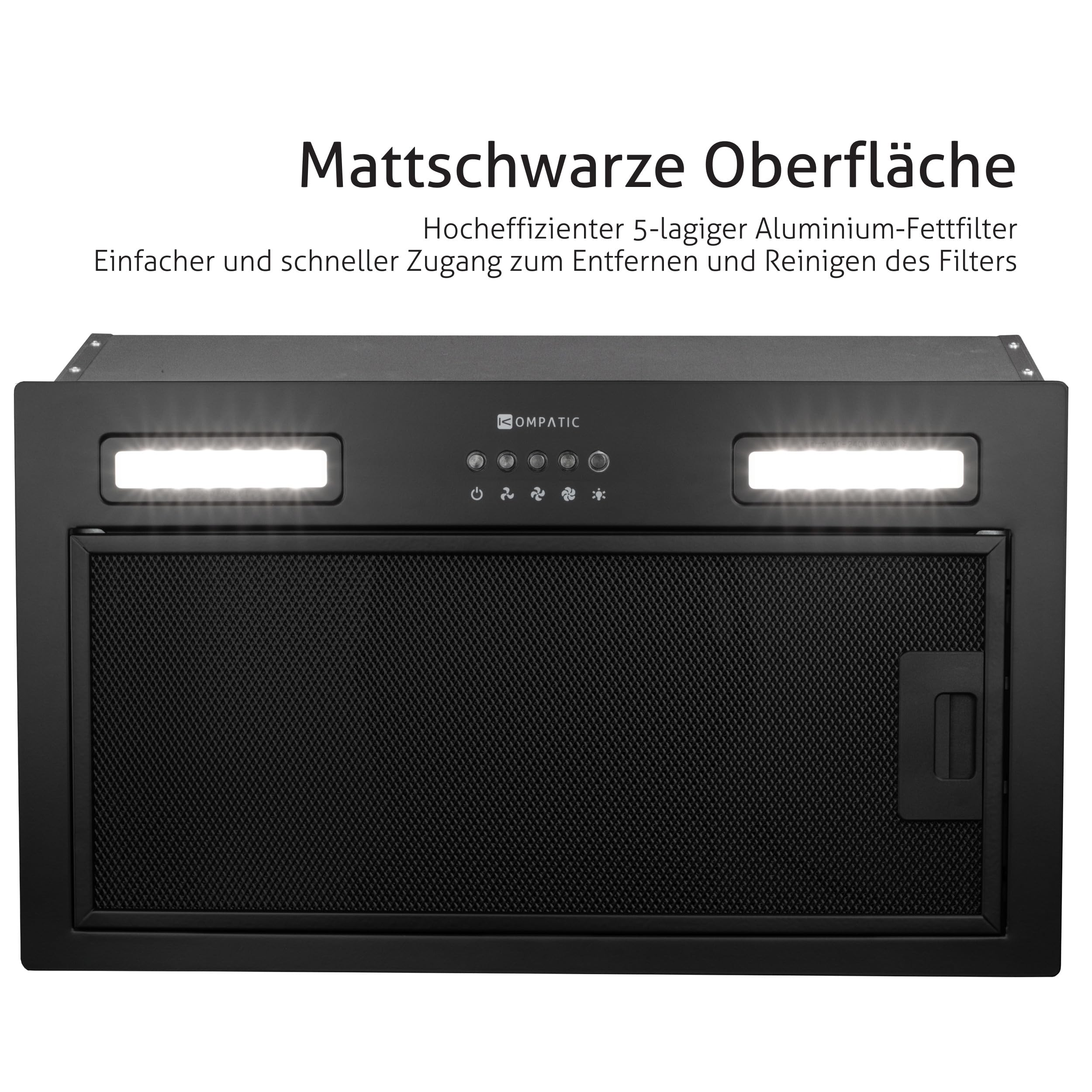 Lane 50 KLN50BI Einbau Dunstabzugshaube, A+++, 50 cm, 450 m³/h, Aktivkohlefilter KCF4 inklusive, Abluft/Umluft, Elektronische Steuerung, Timer, LED-Beleuchtung, 3 Stufen + Boost, Schwarz