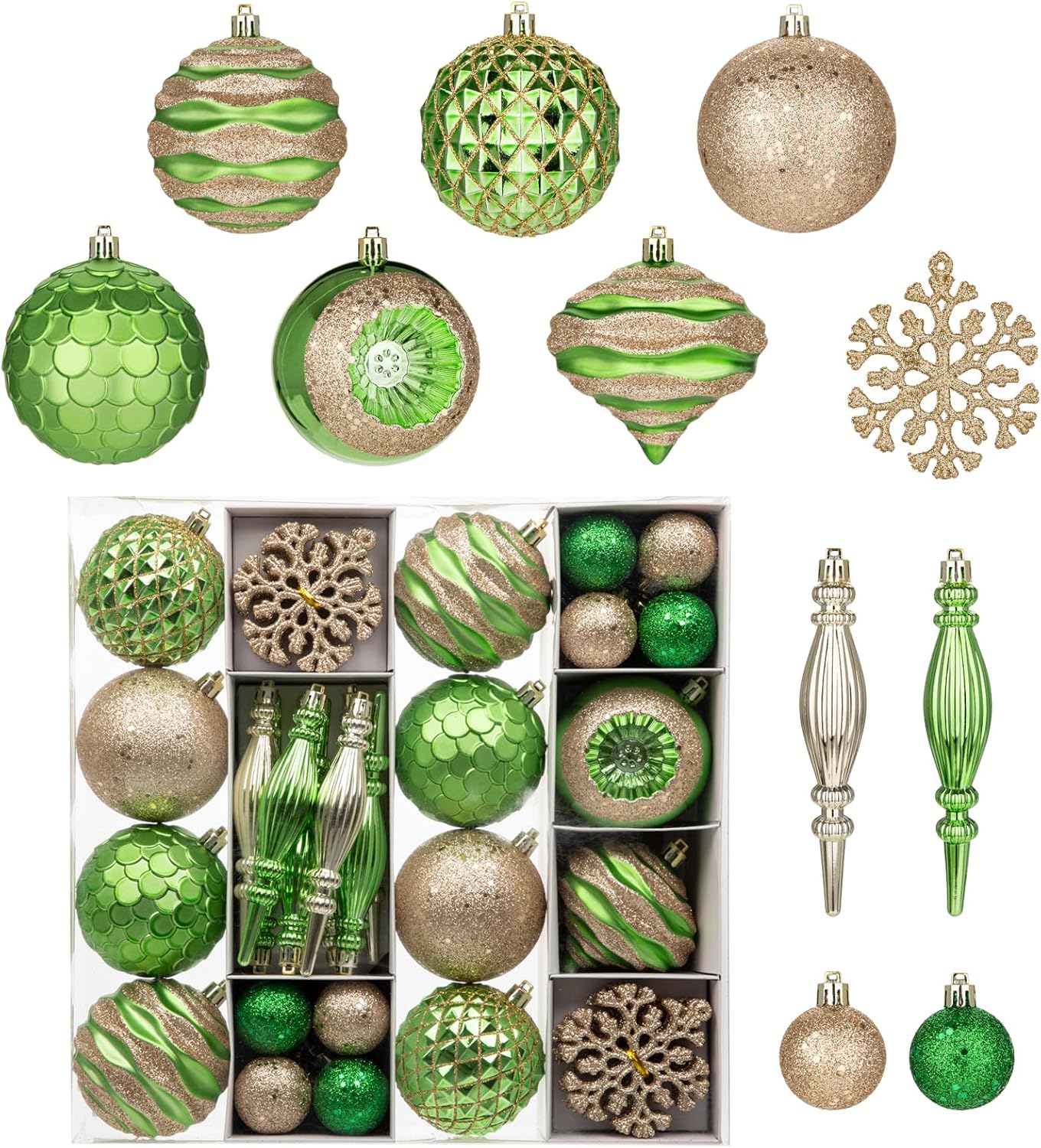 Hollyone Green and Champagne Christmas Balls Ornaments Set, 50pcs Large Glitter Shatterproof Christmas Snowflakes Ornaments Bulk Decoration Hanging Ball for Xmas Tree Wreath Garland Wedding Home Decor
