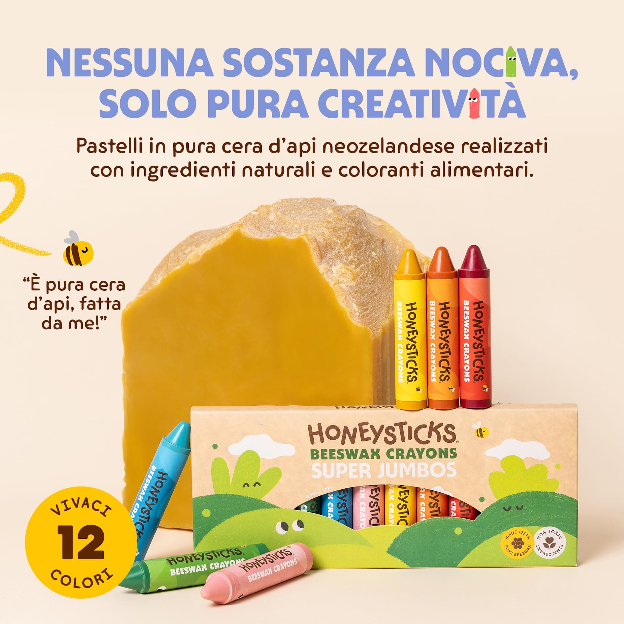Honeysticks Super Jumbo Pastelli di cera (pacco da 12) - 100% cera d'api, colori alimentari, non tossici, per bambini 1-3 anni, infrangibili, extra-large, facili da tenere e usare, eco-compatibili