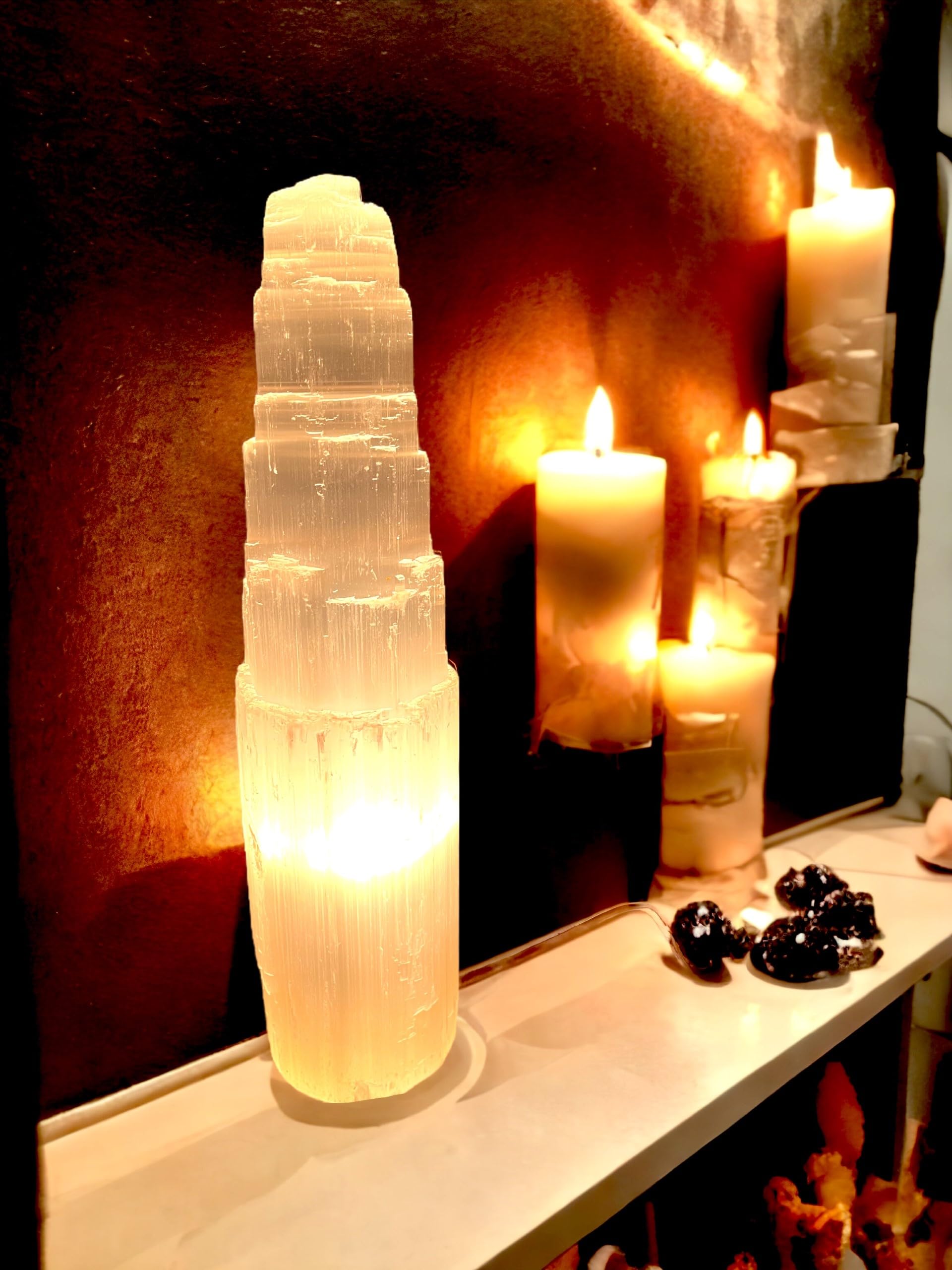Vingardium Leviosa Natural Pure Selenite Crystal Light Mountain Tower Lamp Handmade Energy Healing Clarity And Meditation Lamp Home Decoration Tablelamp Mineral Christmas Occasion Gift (35Cm)