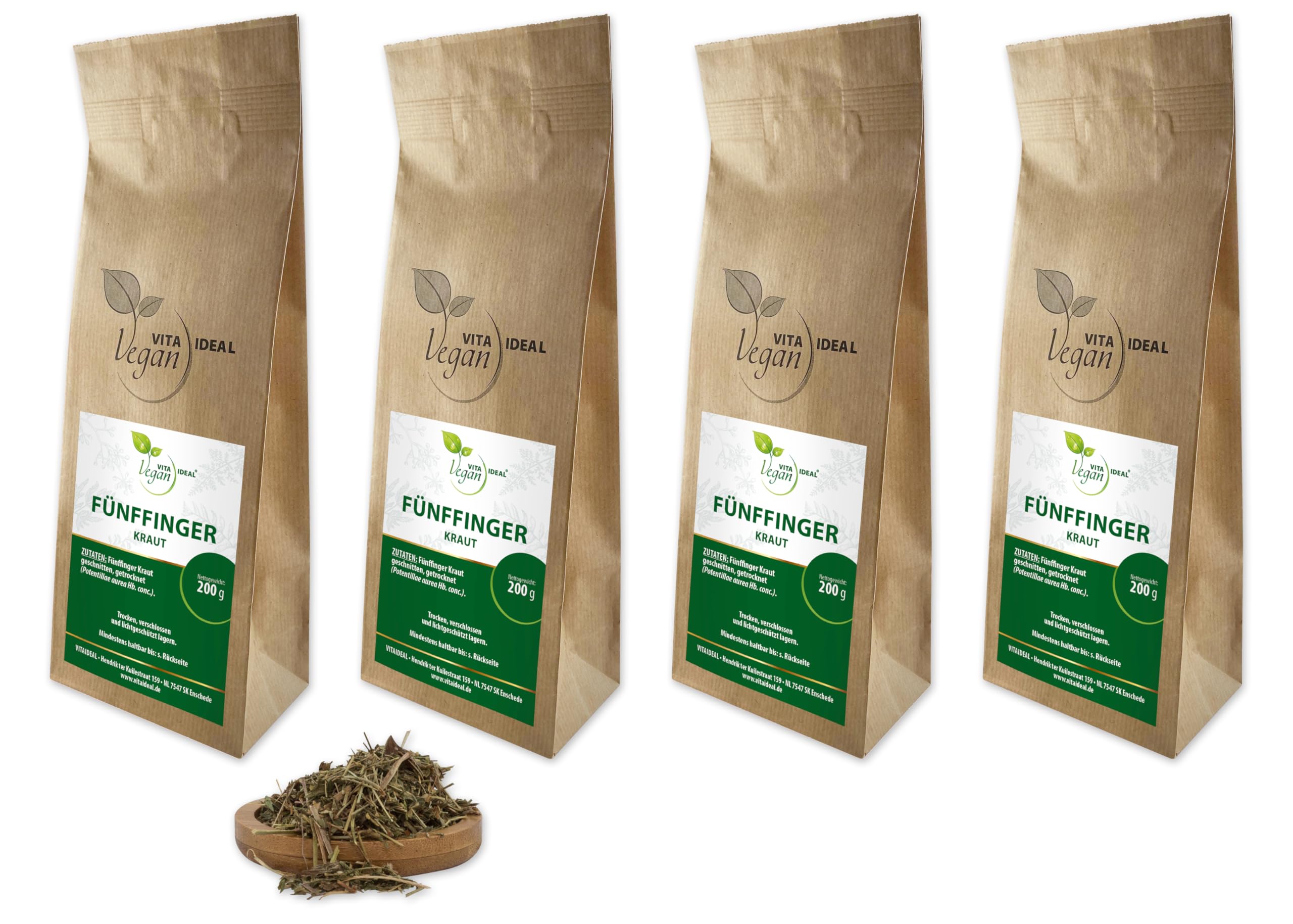 VITA IDEAL Vegan® FÜNFFINGER - Kraut 4x 200g geschnitten & getrocknet - Potentilla aurea - FÜNFFINGERKRAUT - Kriechendes Fingerkraut Kräuter Tee & Aufguss, ohne Zusatzstoffe.