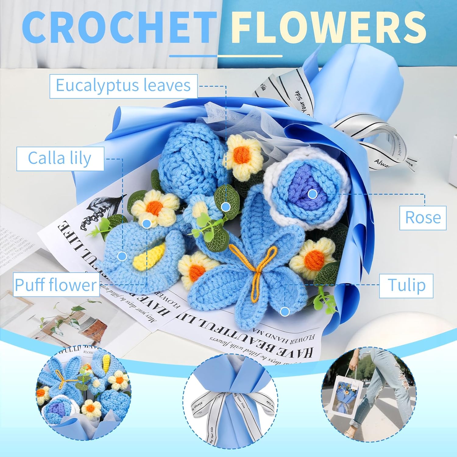 Crochet Flowers Bouquet, Handmade Crochet Flowers Knitted Bouquet, Tulips Flower Bouquet and Calla Lily for Valentine Flowers, Gifts for Women, Birthday (Blue)