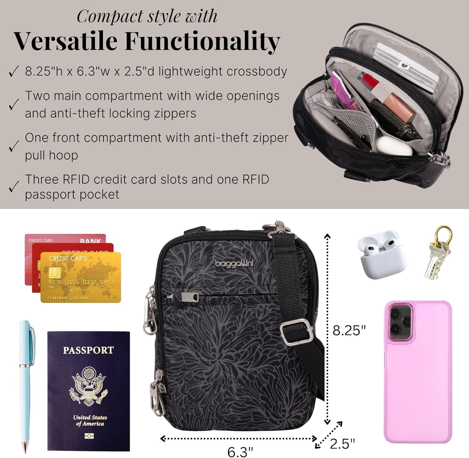 Baggallini Securtex® Anti-theft Mini Everything Crossbody Bag, 6.3"x8.25" Rfid, Locking Zippers & Cut-resistant Strap - Image 4
