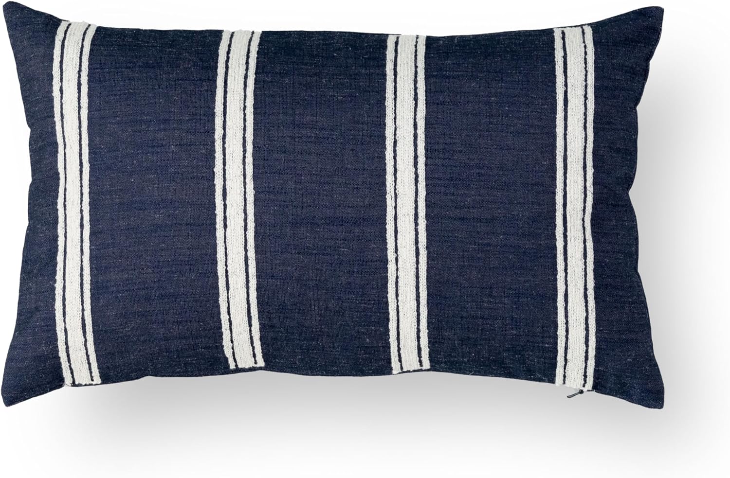 Crumbs Home Coastal Linen Indoor Outdoor Lumbar Pillow Cover Only, 12"x20" Water Repellent for Patio, Backyard, Couch, Dark Navy Neutral Embroidered Stripes