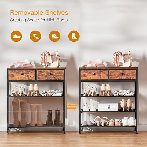 Miniatura 5 de usikey Zapatero, organizador de almacenamiento de zapatos de 4 niveles con 2 cajones, estante de zapatos de metal para 9-12 pares de zapatos, con 3