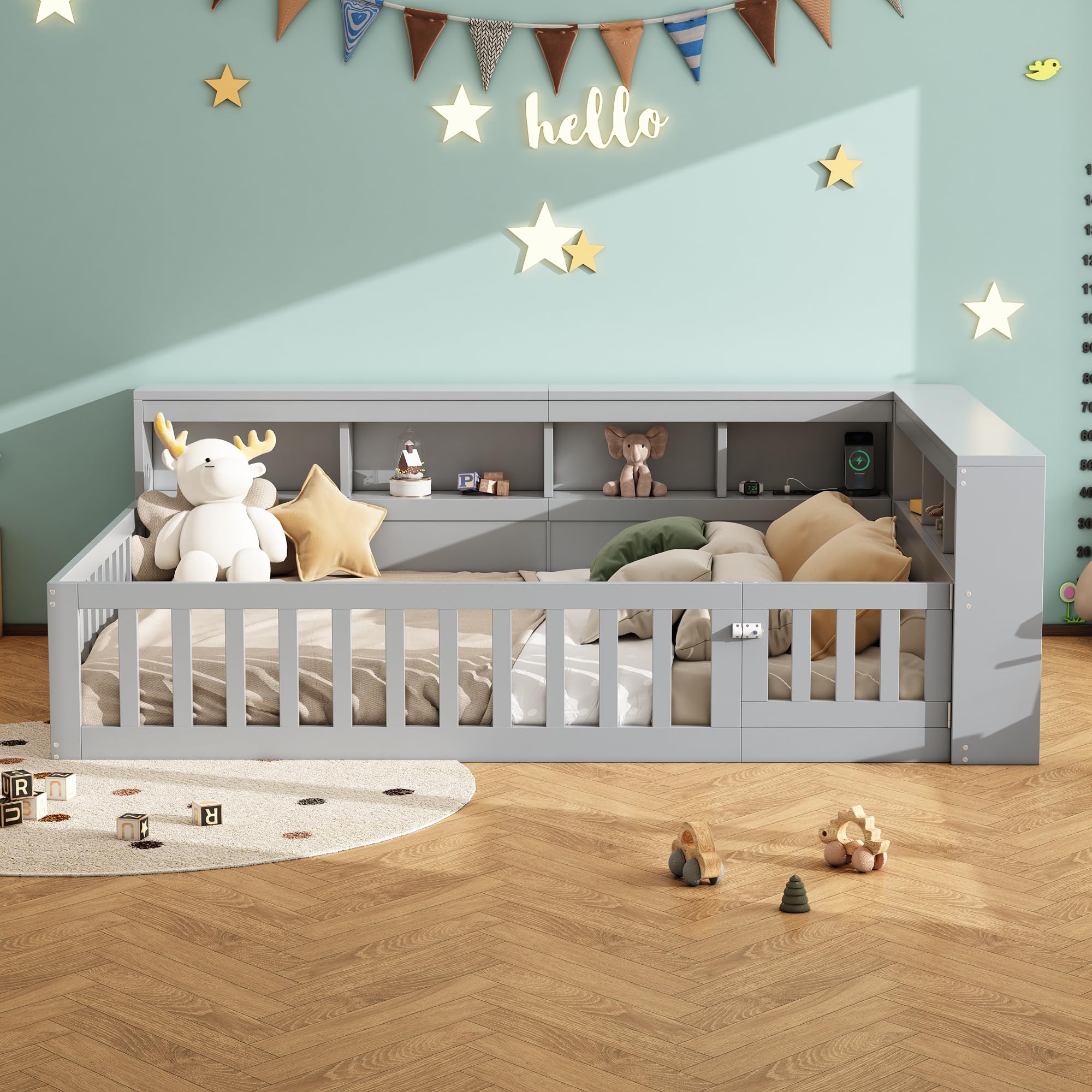 LAKFEW Bodenbett 140x200 cm Kinderbett mit Rausfallschutz und USB-Anschluss, Bett mit Stauraum Staufach, Jugendbett Holzbett mit Lattenrost, Kinderzimmer Möbel, Ohne Matratze, Grau