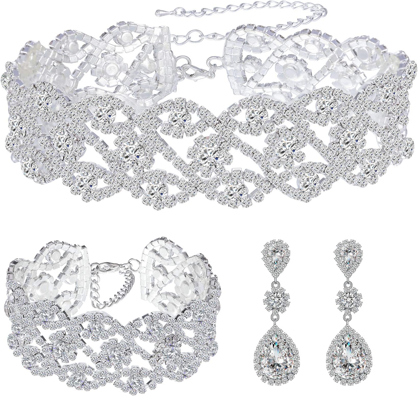 PaxuanWomen Rhinestone Crystal Wedding Bridal Choker Necklace Earrings Bracelet Jewelry Sets