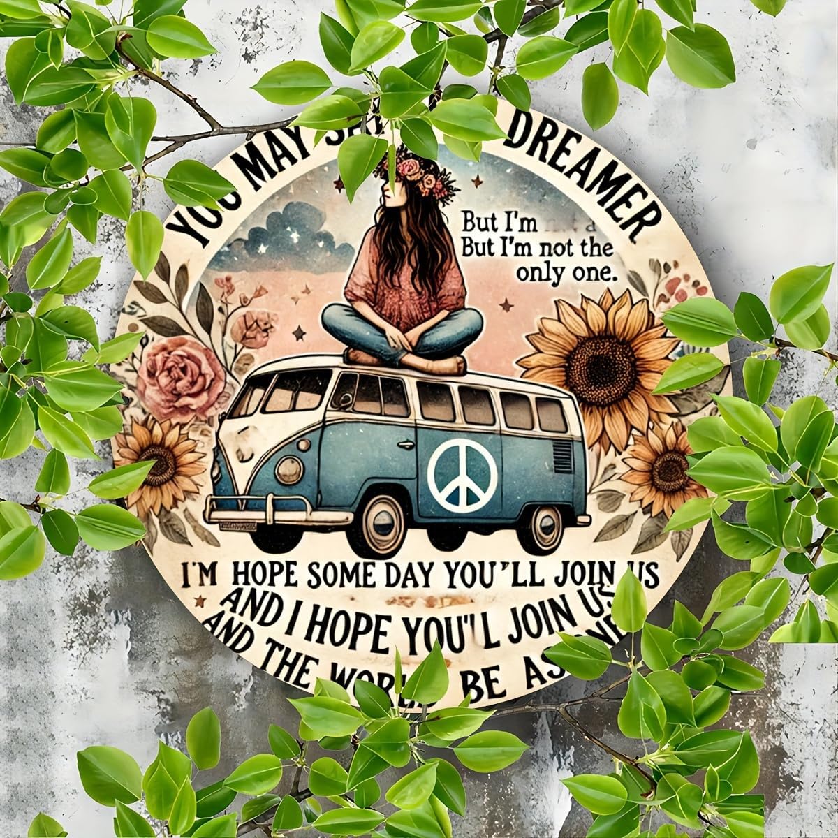 Hippie Van Round Aluminum Sign "Dreamer" Quote Wall Art Decor, Retro Floral Peace Bus Home Decoration, Funny Tin Plaque for Kitchen, Restaurant,Garage - 1 Piece Vintage Engraved7.98x7.98 Inch image 2