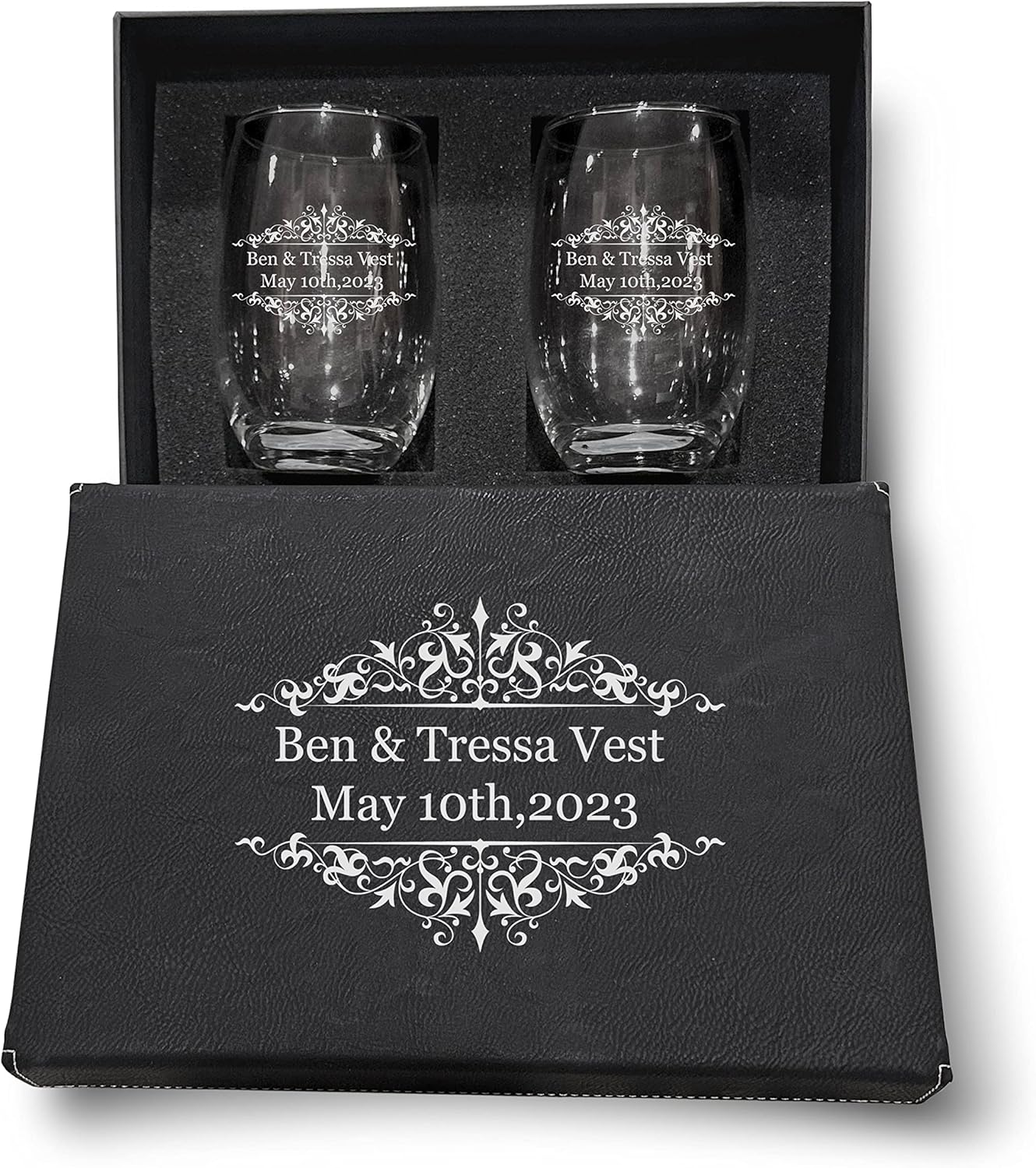 Personalize Couple wine glasses, 20oz Etched Stemless Glasses for Couples, Perfect Engagement Gift, Bridal shower Wine Glasses, Wedding party