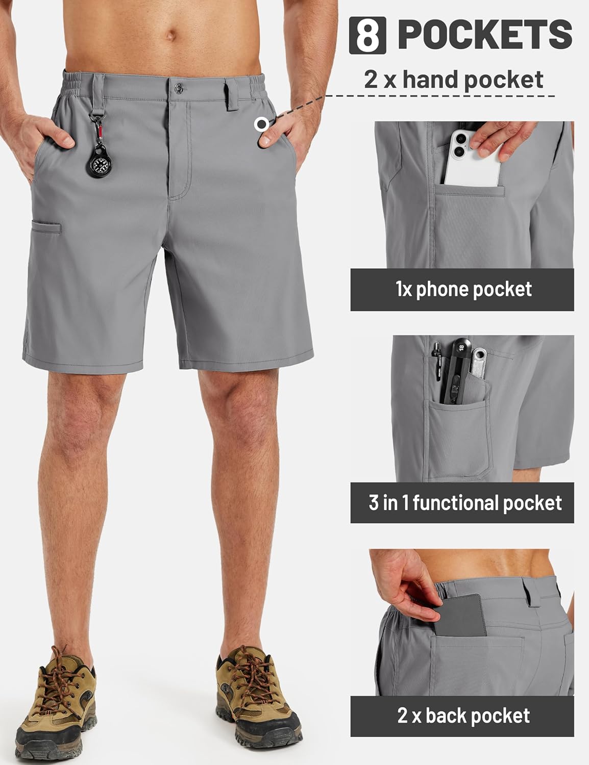 TACVASEN Men's Hiking Cargo Shorts Quick Dry Water-Resistant Lightweight Tactical Outdoor Work Shorts with 8 Pockets